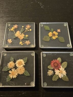 Pressed Dried Flowers Square Coasters Metal Edges And Glass
